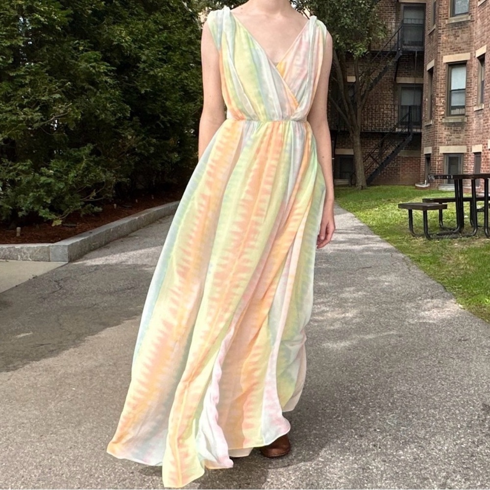 Anthropologie Lil Watercolor Tie-dye Pastel Rainbow Maxi Dress, Size 4 - Picture 3 of 11